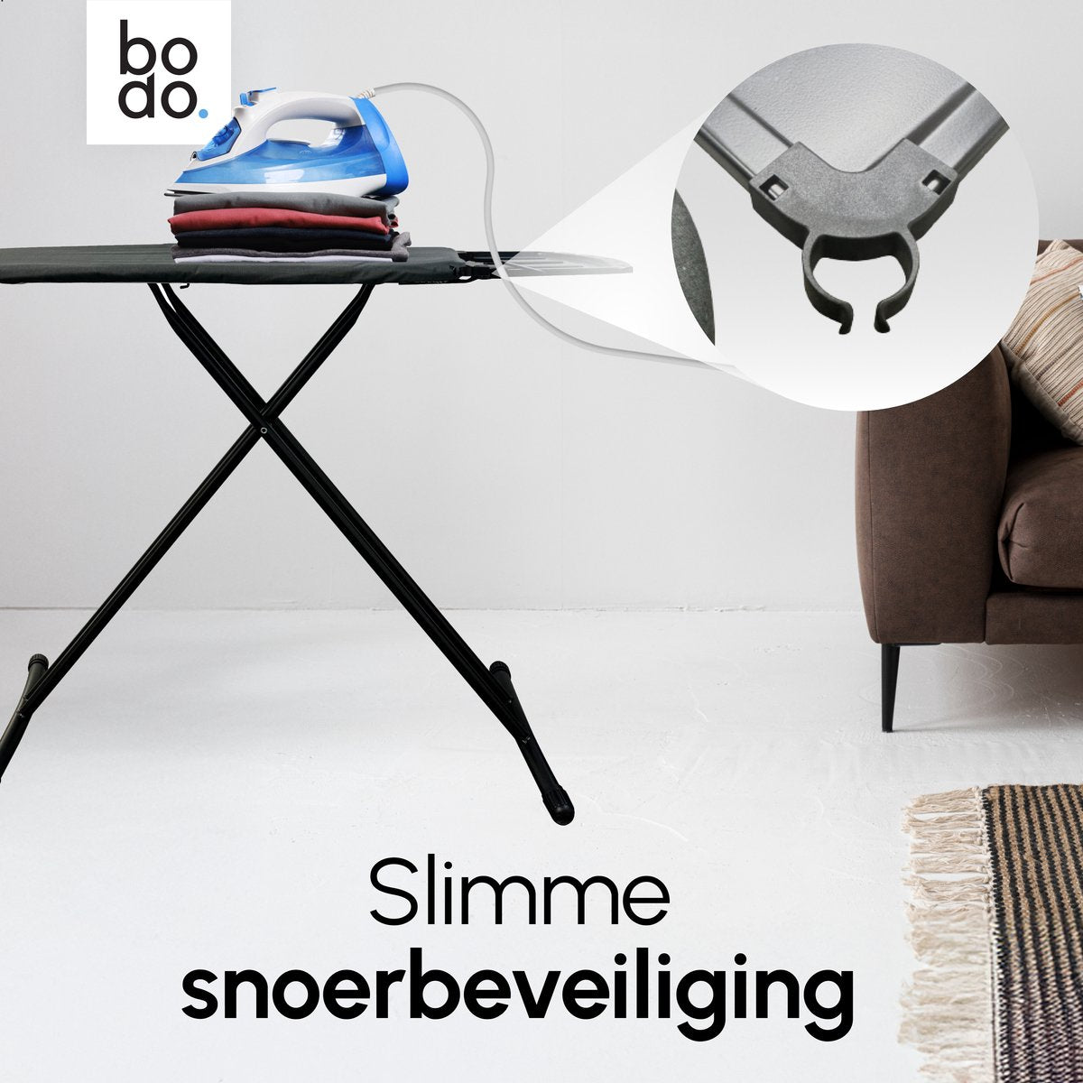 Bodo® -  Geretourneerd/Beschadigd - Strijkplank Ascend Elite - Stoomunithouder - Uitklapbaar Rek - 122 x 43 cm - Zwart
