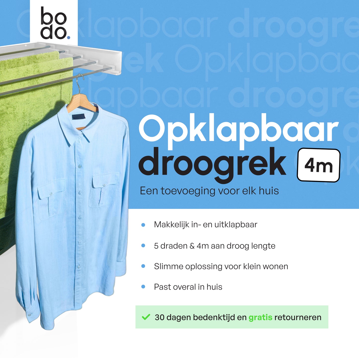 Bodo - Inklapbaar wanddroogrek - Beschadigd/Geretourneerd - 80cm 4m drooglengte - Wit