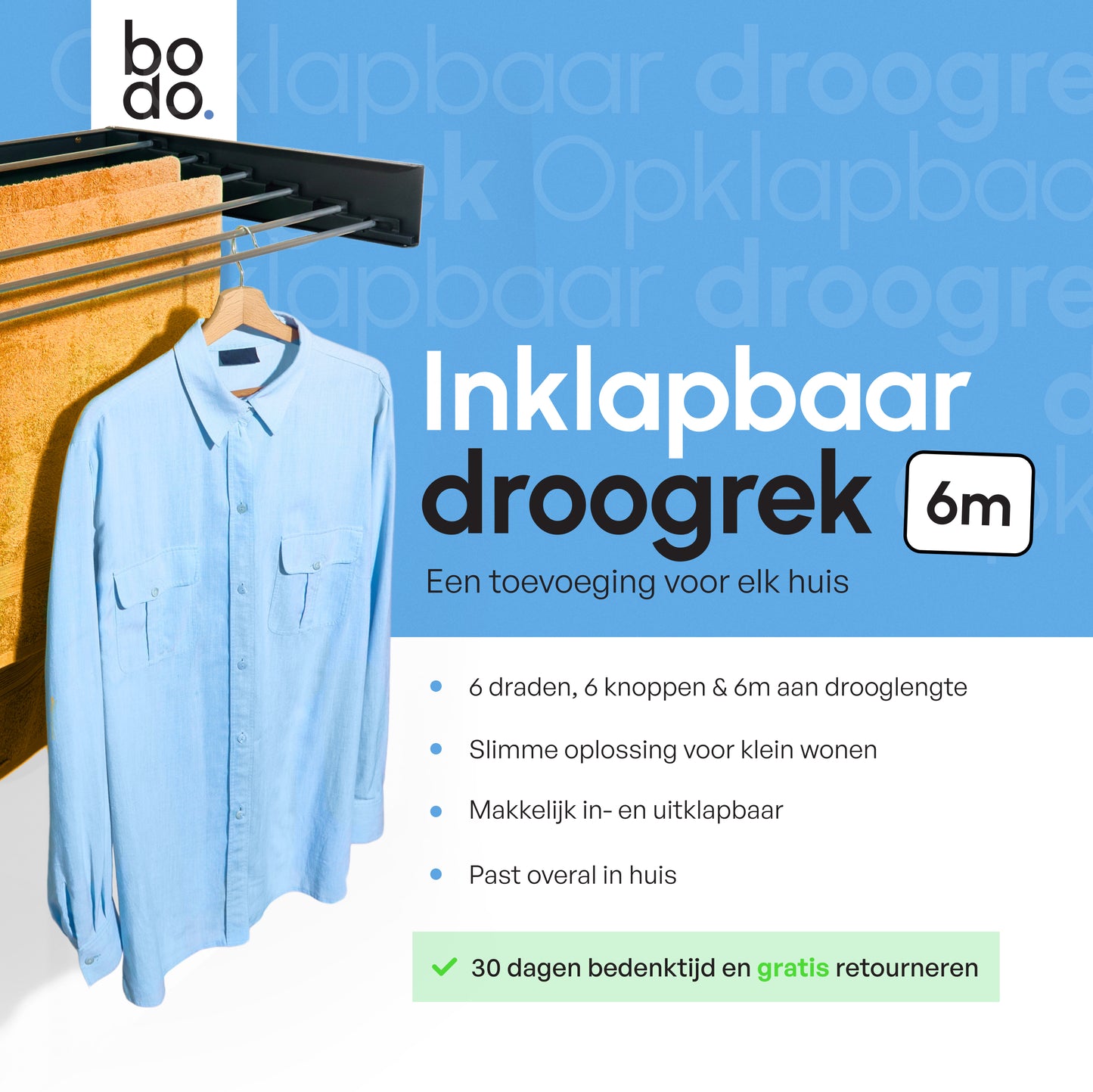 Bodo® In- en uitklapbaar droogrek met Ophanghaken - Zwart - 6m Drooglengte