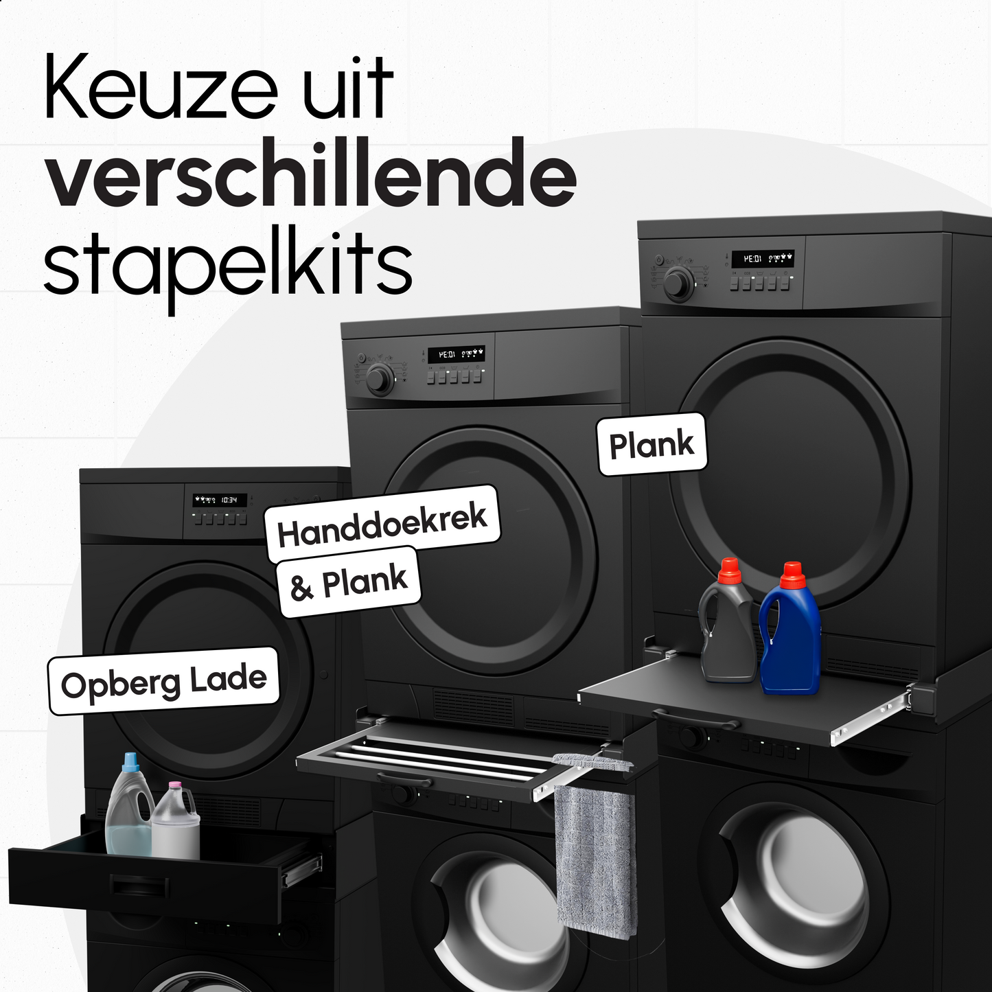 Bodo® Stapelkit - Tussenstuk met Opberglade - Wasmachine en Droger - Zwart