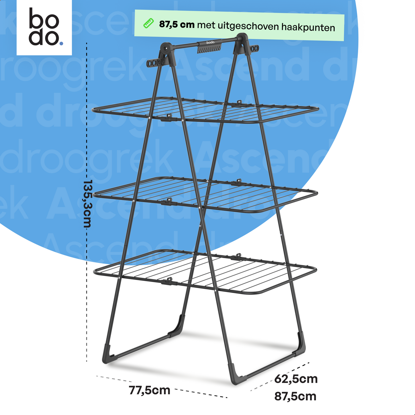Bodo® Inklapbare Droogtoren – Staand Wasrek met 3 Niveaus - Zwart