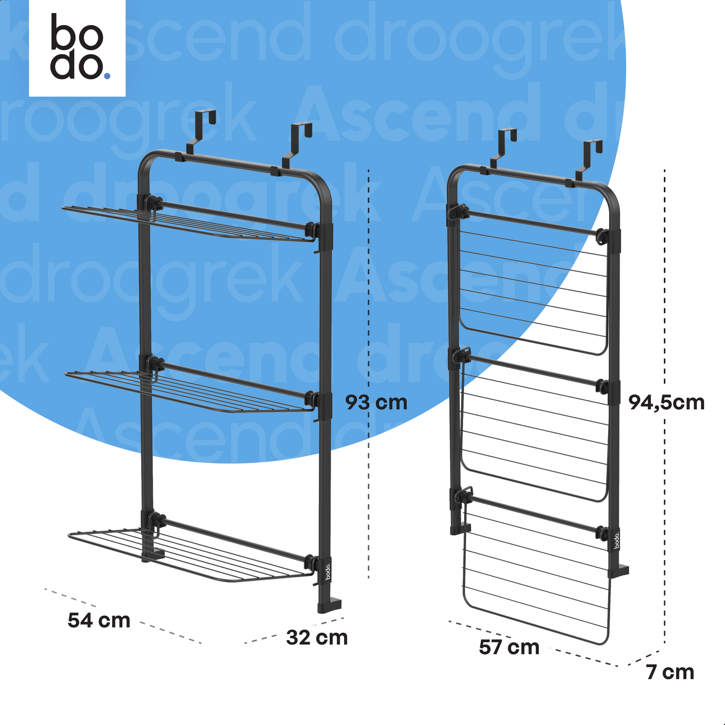Bodo® Droogrek Hangend - 10m - Ophangbaar aan Deur of Wand - Zwart