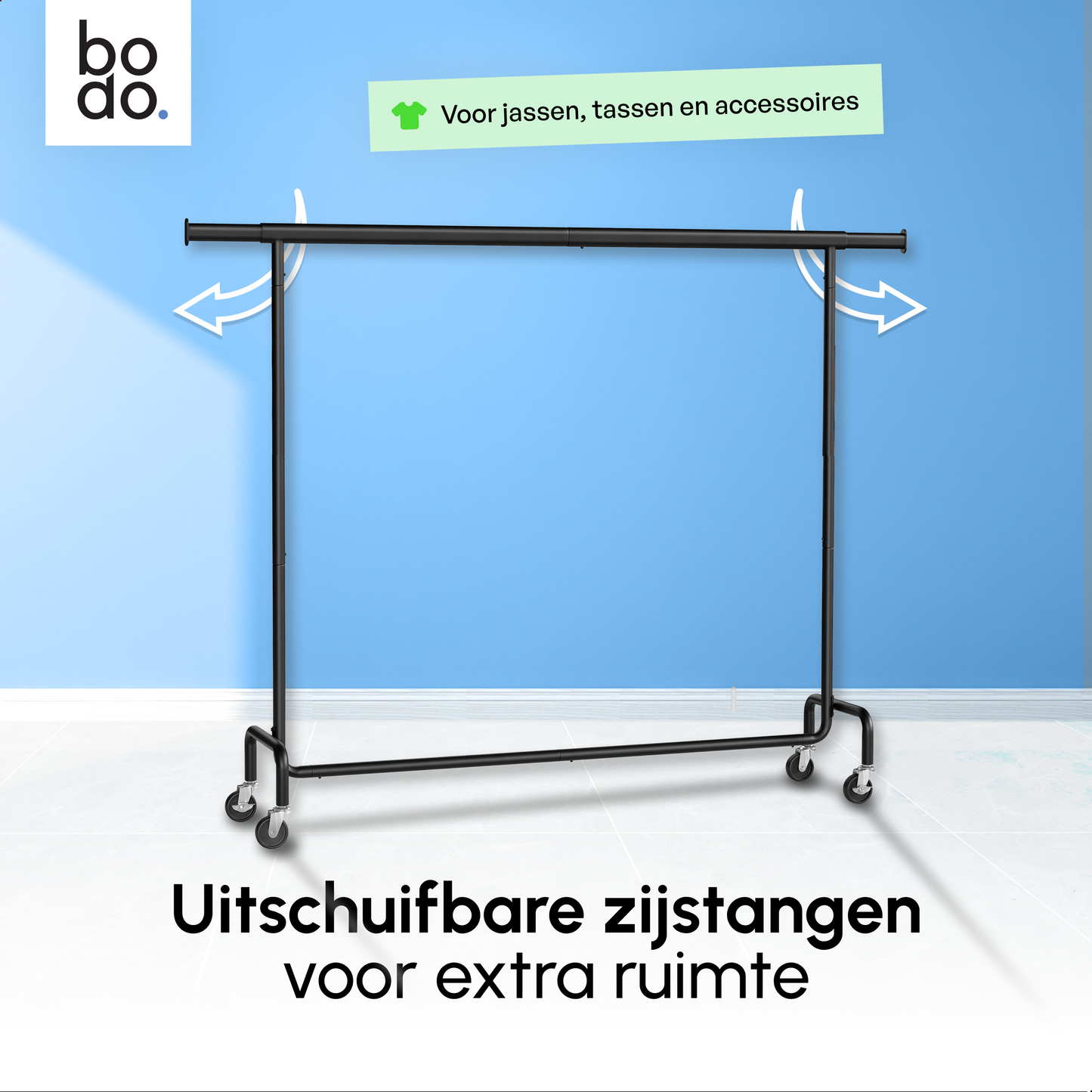 Kledingrek op Wieltjes – Extra Breed – Stalen Kledingstang – Zwart – Bodo