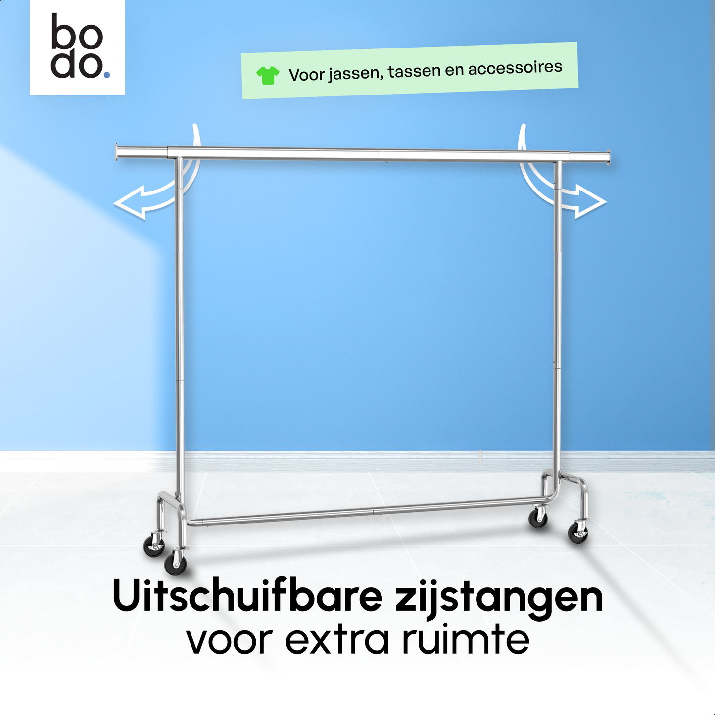 Kledingrek op Wieltjes – Extra Breed – Stalen Kledingstang – Zilver – Bodo