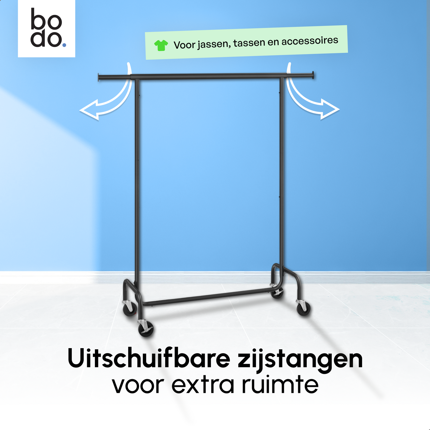 Kledingrek op Wieltjes - Stalen Kledingstang - 130 kg - Zwart - Bodo