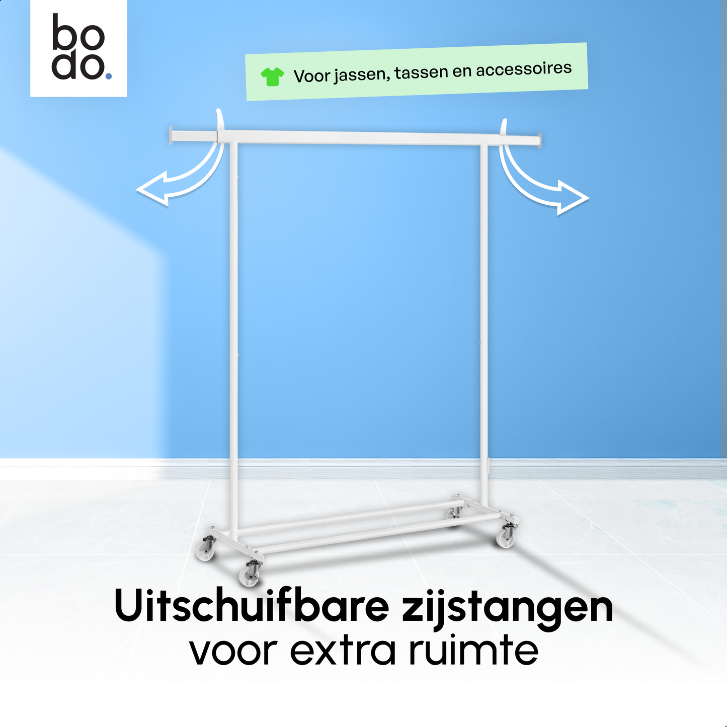 Kledingrek op Wieltjes – Stalen Kledingstang - Opbergruimte – Wit – Bodo
