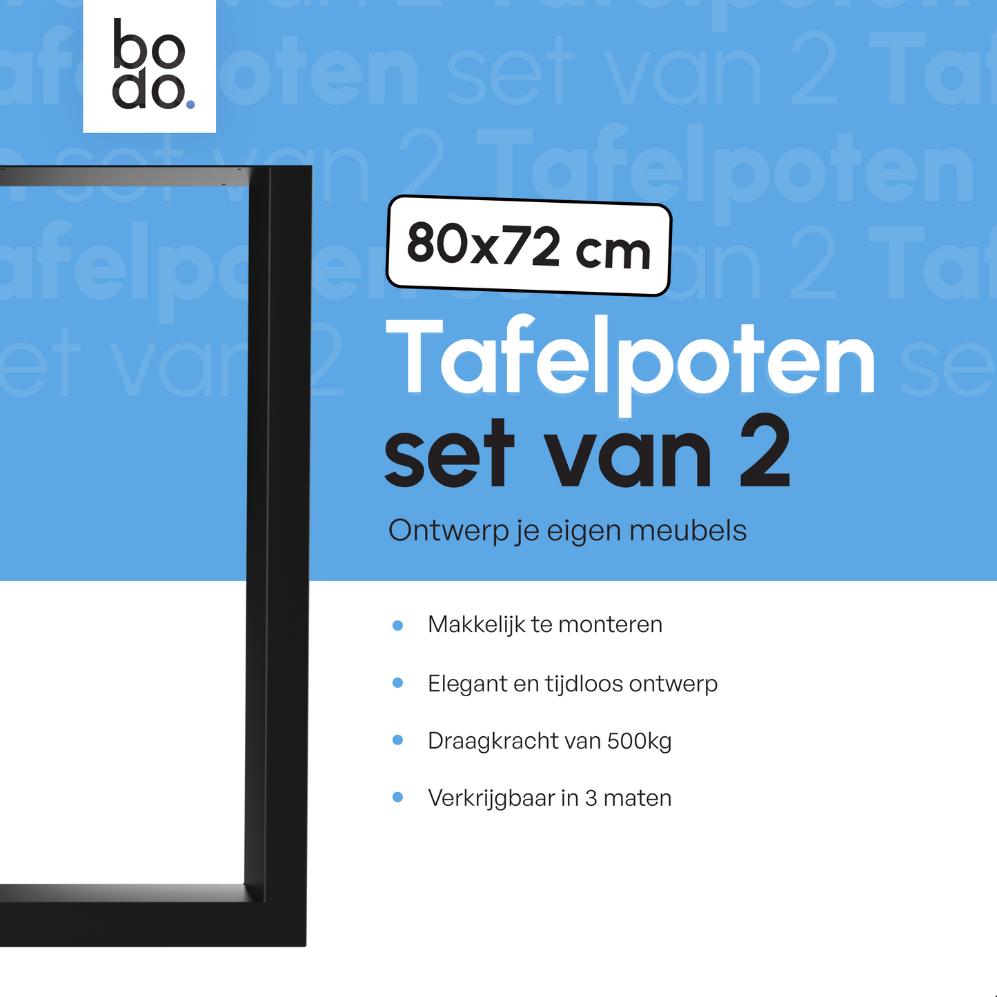Bodo® - Stalen Onderstel Tafel - Tafelpoten - Set van 2 - U bankpoot 80x72 cm - Mat Zwart