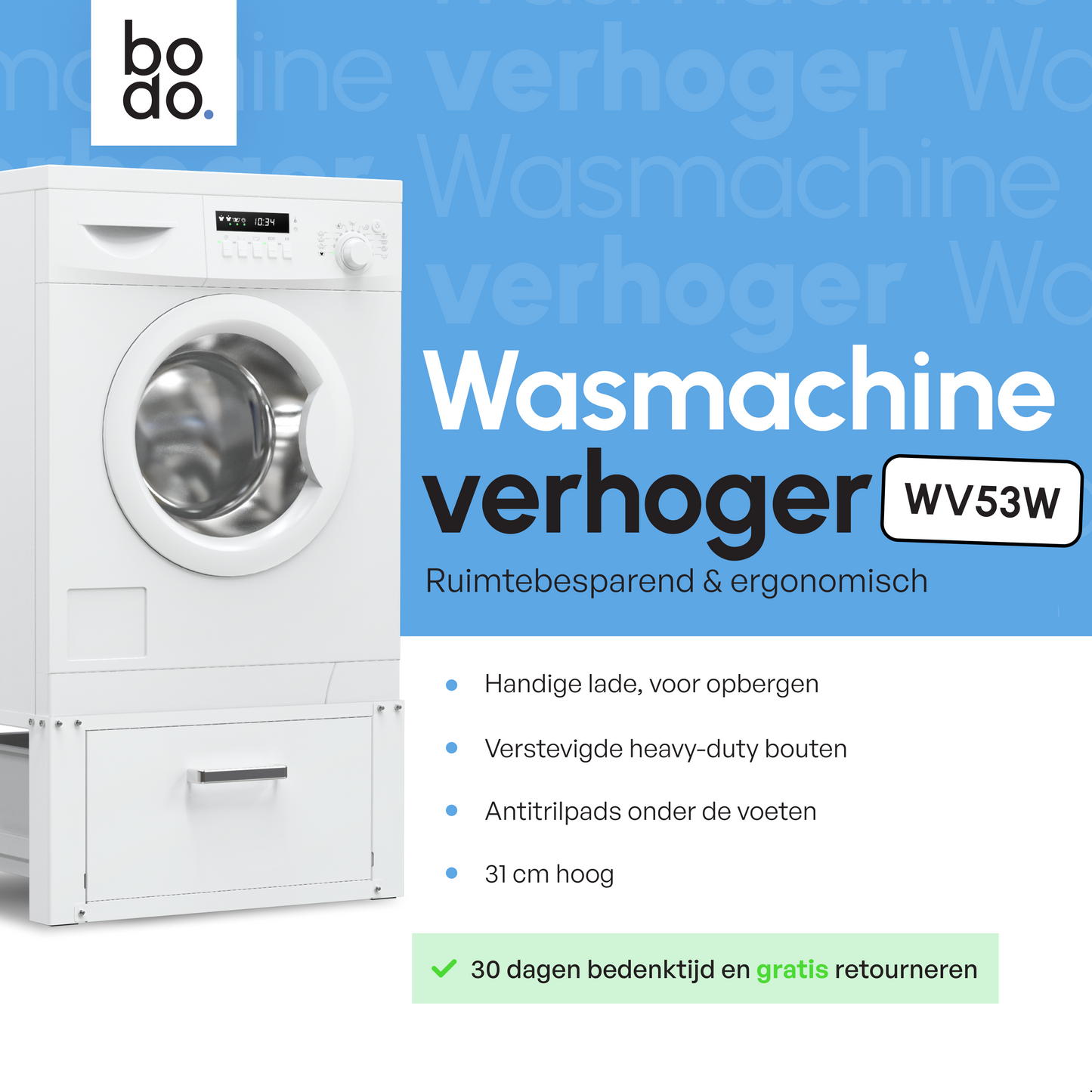 Bodo® - Wasmachine Verhoger Met Opberglade - Wit - Beschadigd/geretourneerd