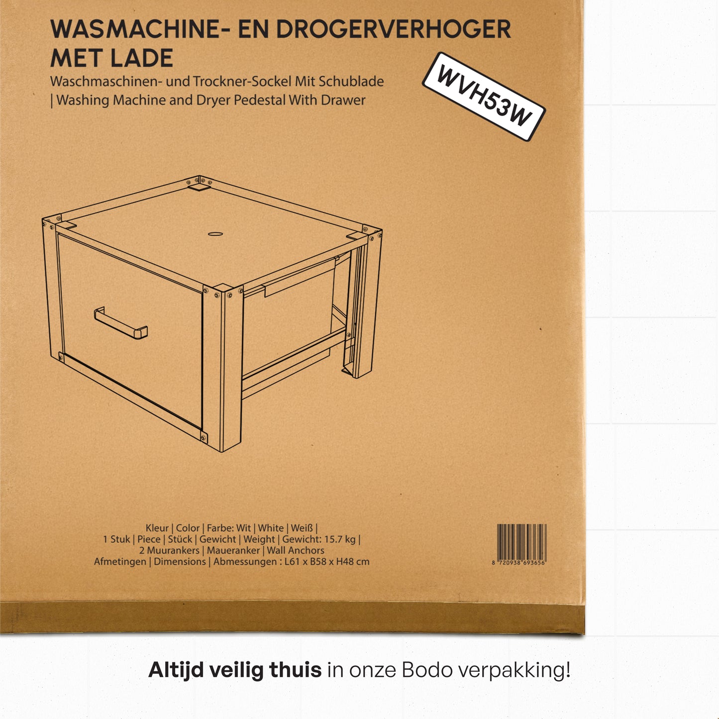 Bodo® - Wasmachine Verhoger met Opberglade - Wit - 61x58x48 cm