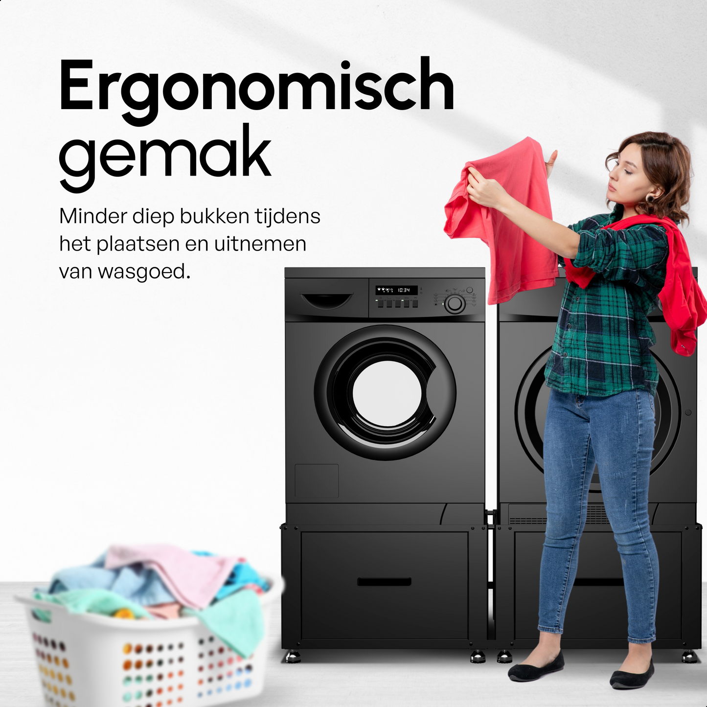 Bodo® - Wasmachine Verhoger - Dubbel - Kast - Ombouw met Lade - Zwart - 124x58x44-48cm