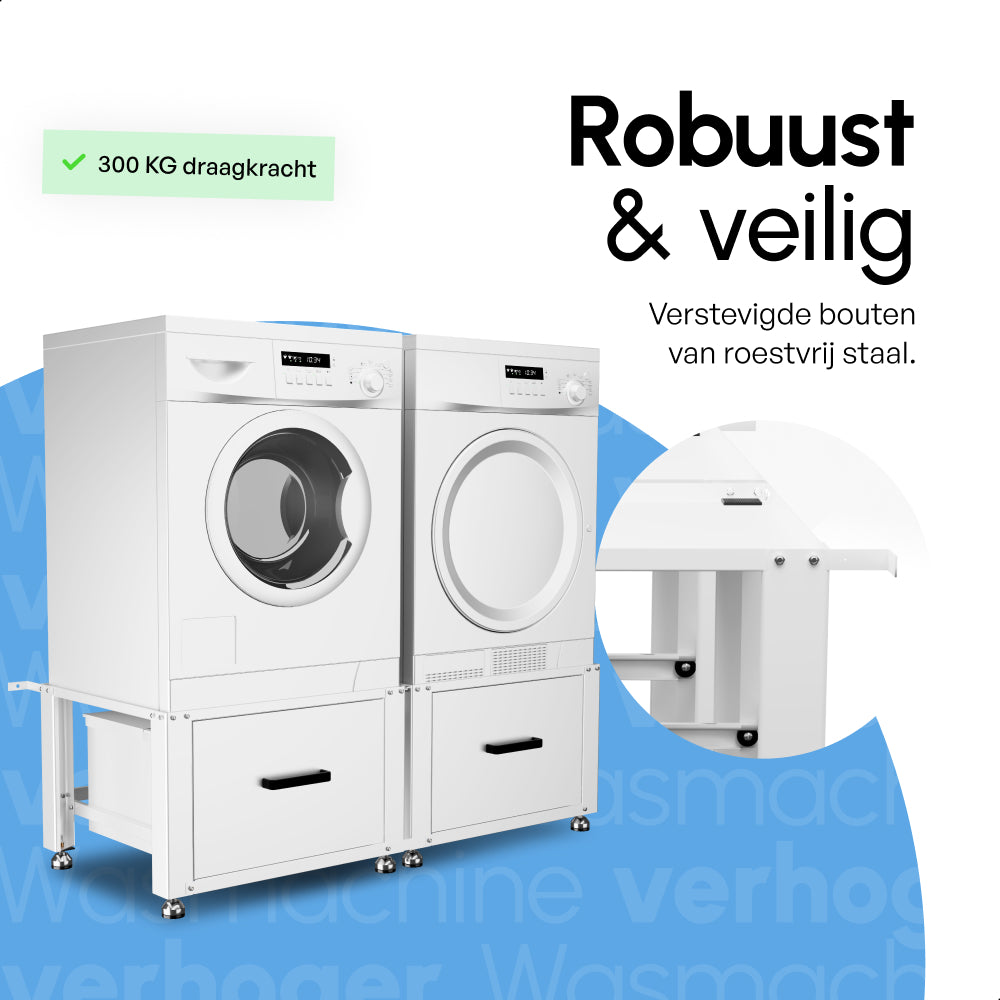 Bodo® - Wasmachine Verhoger - Dubbel - Kast - Ombouw met Lade - Wit - 124x58x44-48cm