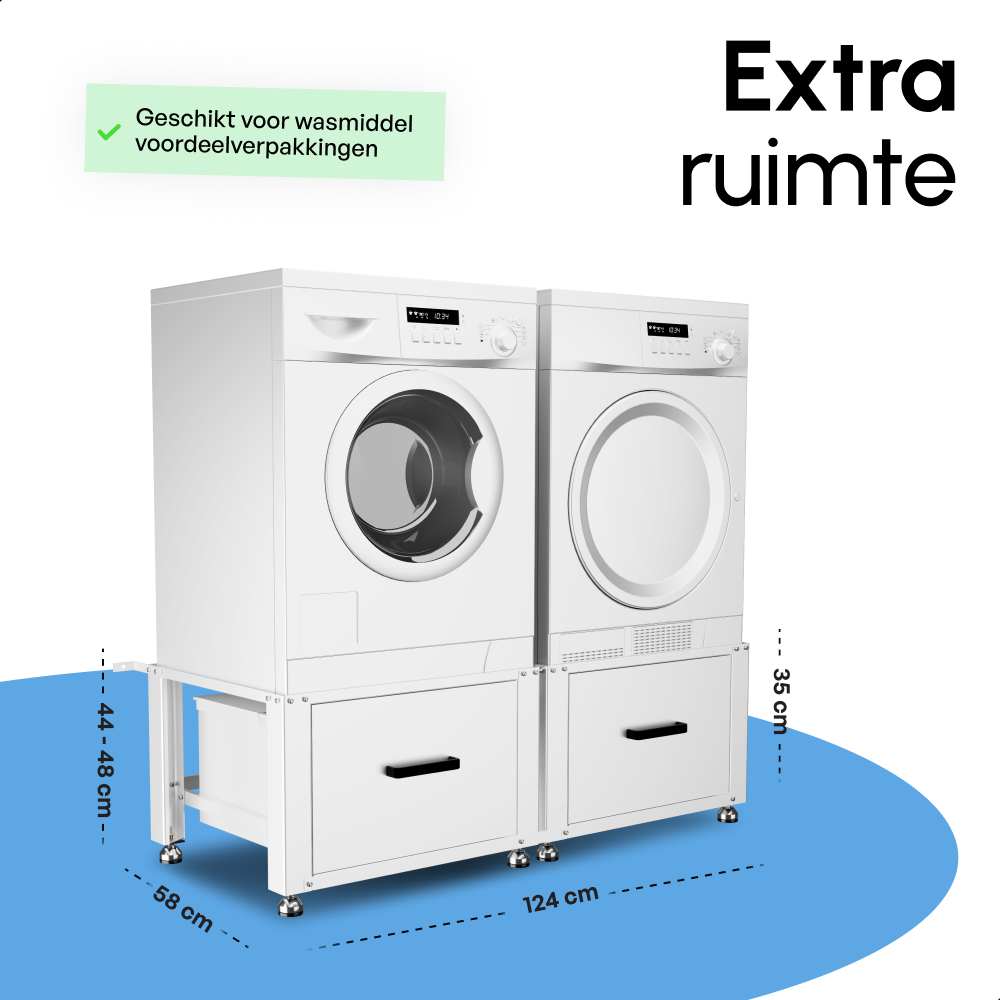 Bodo® - Wasmachine Verhoger - Dubbel - Kast - Ombouw met Lade - Wit - 124x58x44-48cm