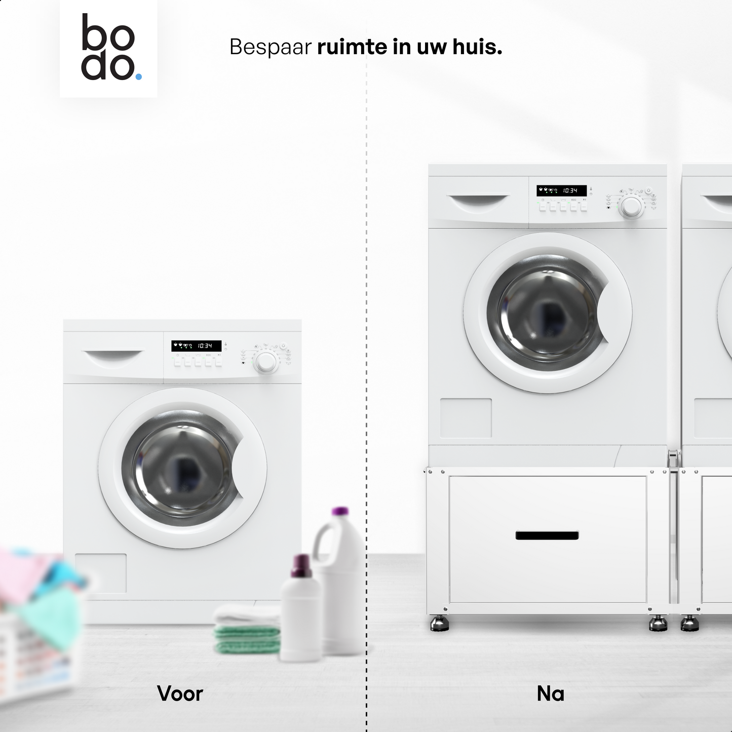 Bodo® - Wasmachine Verhoger - Dubbel - Kast - Ombouw met Lade - Wit - 124x58x44-48cm