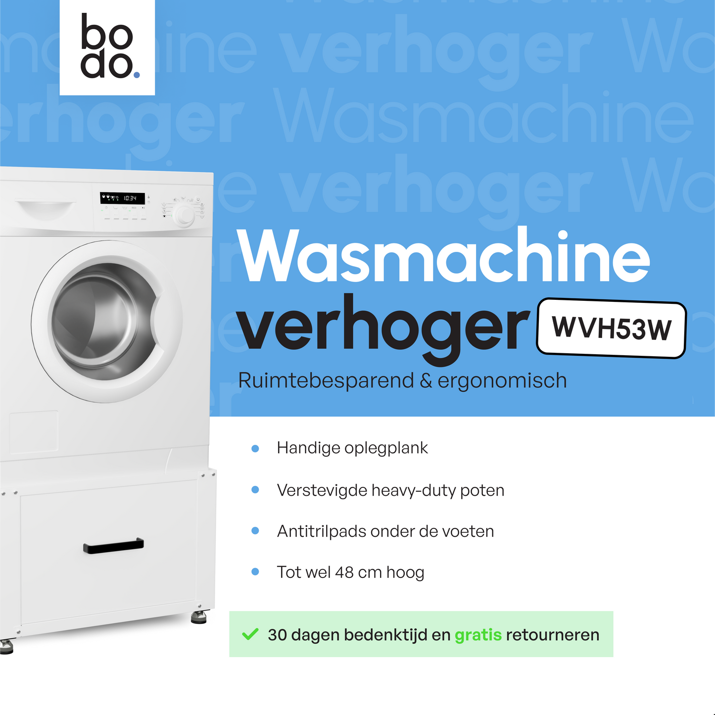 Bodo® - Wasmachine Verhoger met Opberglade - Wit - 61x58x48 cm