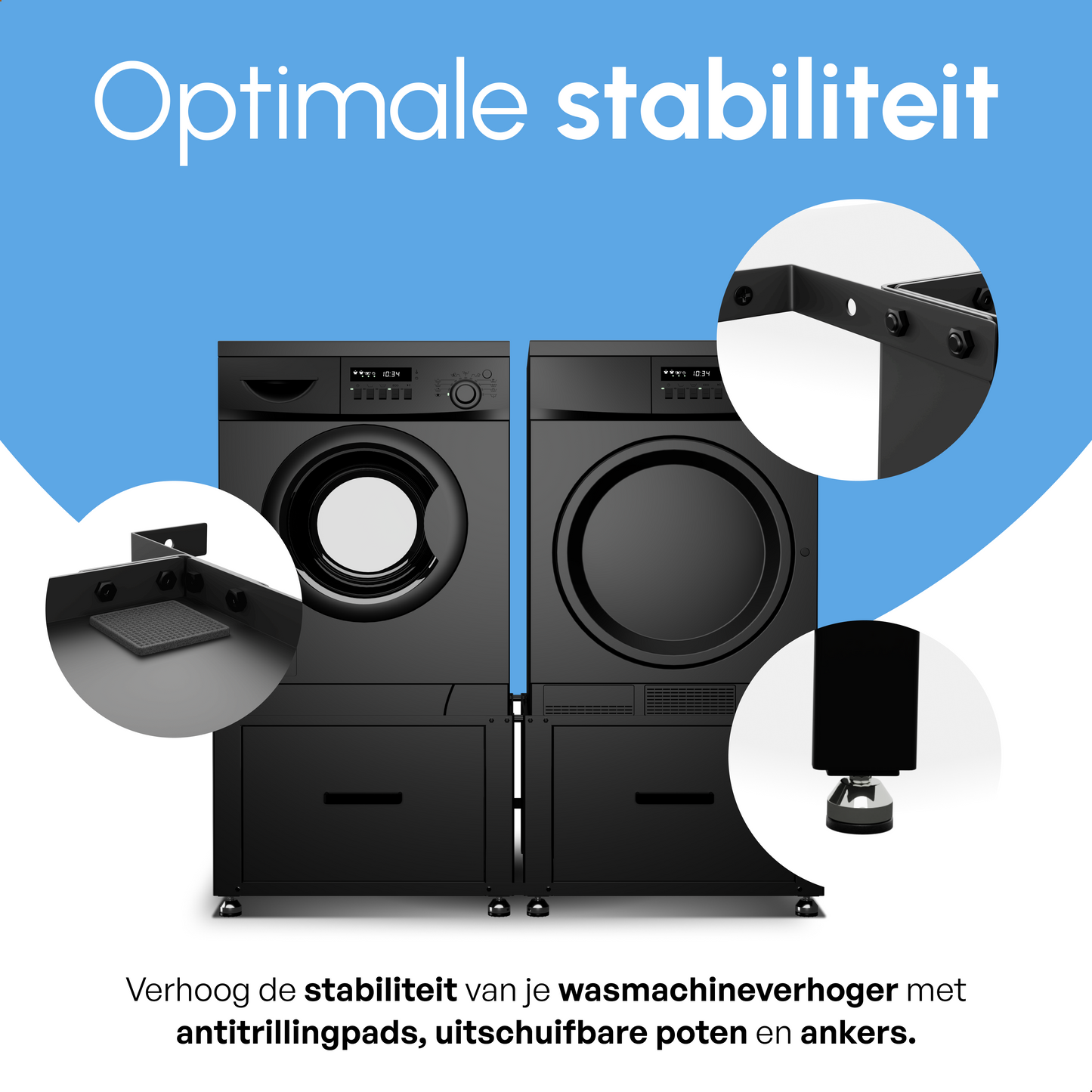 Bodo® - Wasmachine Verhoger - Dubbel - Kast - Ombouw met Lade - Zwart - 124x58x44-48cm