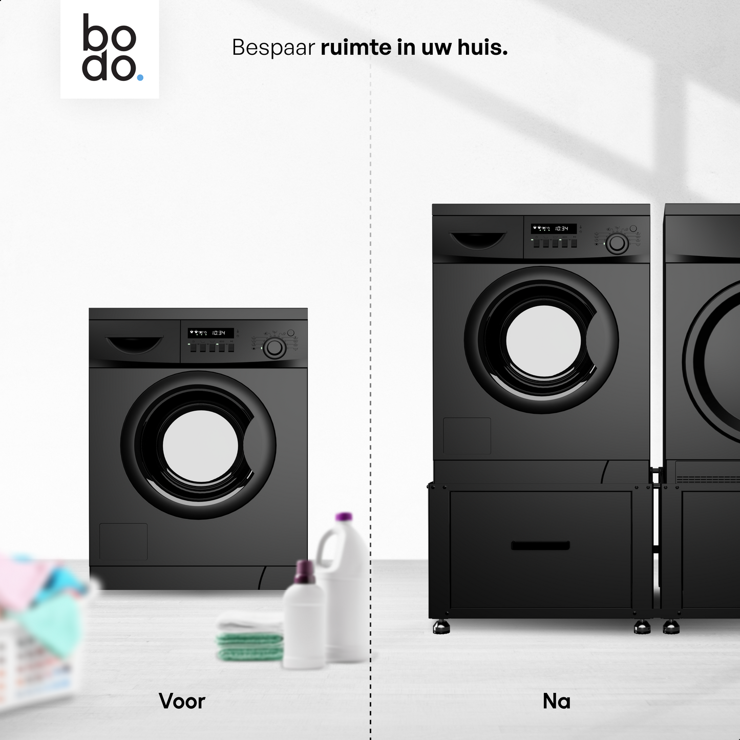 Bodo® - Wasmachine Verhoger - Dubbel - Kast - Ombouw met Lade - Zwart - 124x58x44-48cm