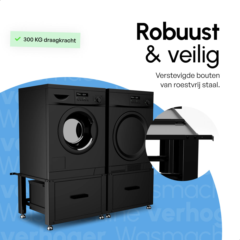 Bodo® - Wasmachine Verhoger - Dubbel - Kast - Ombouw met Lade - Zwart - 124x58x44-48cm