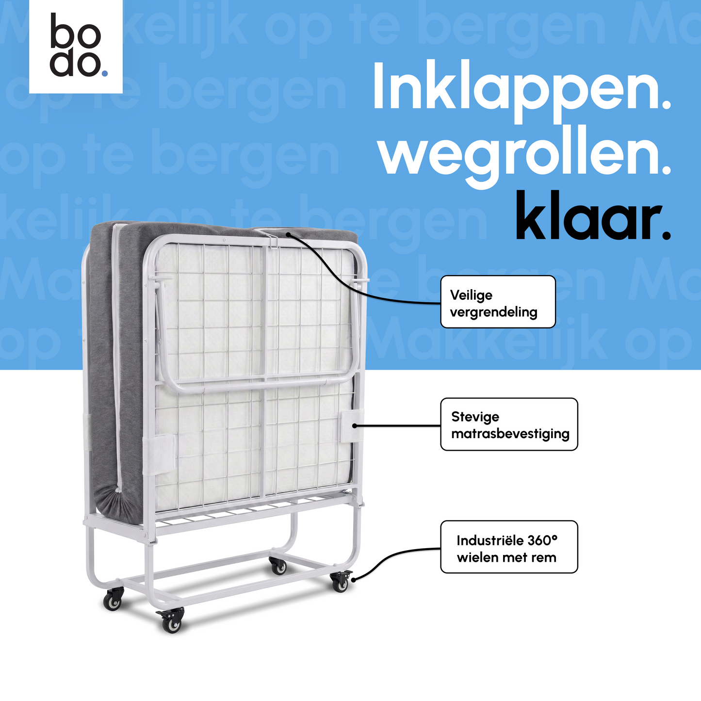 Logeerbed 90×200 met Matras - Vouwbed - Luxe - tot 250 kg - Wit - Bodo