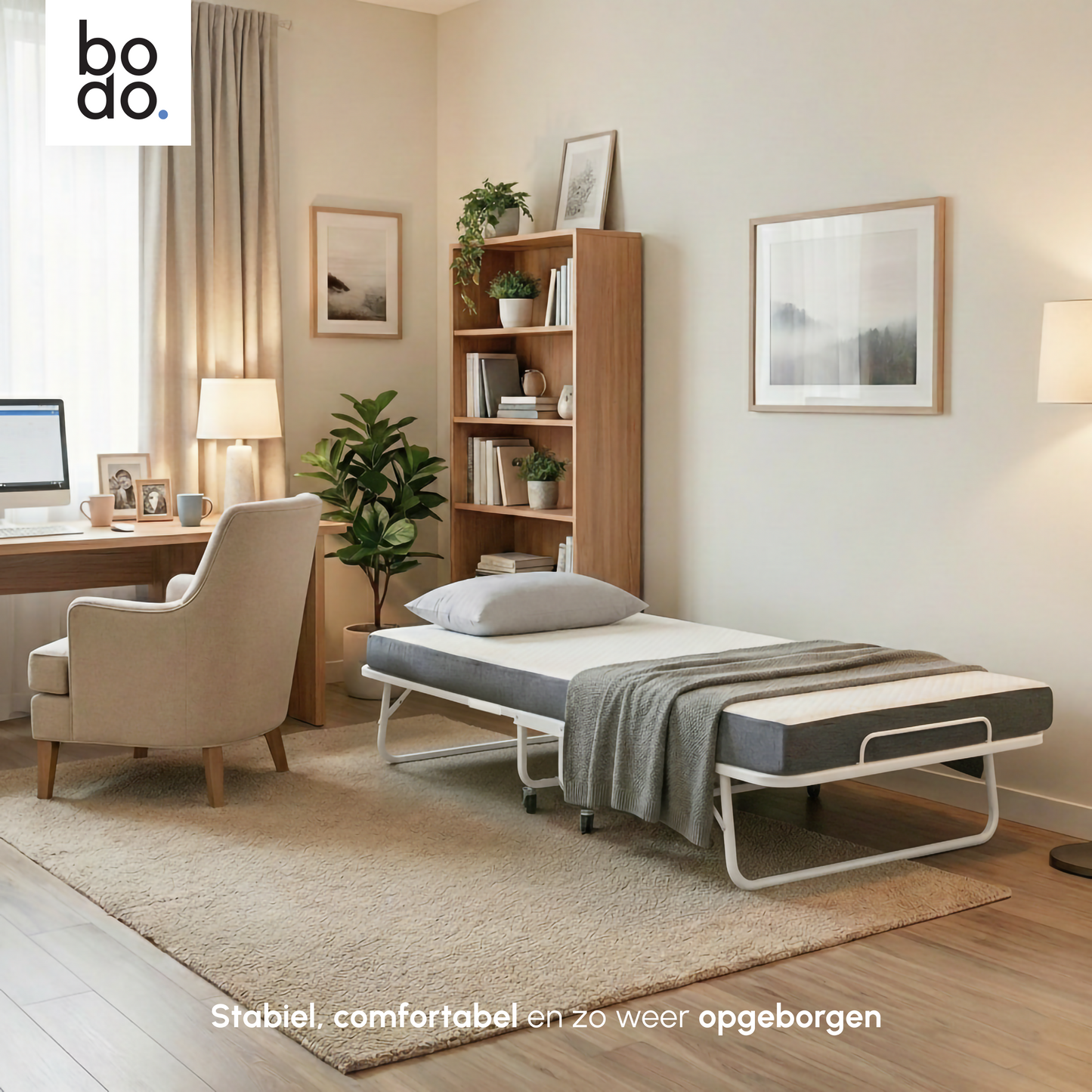 Logeerbed 90×200 met Matras - Vouwbed - Luxe - tot 250 kg - Wit - Bodo