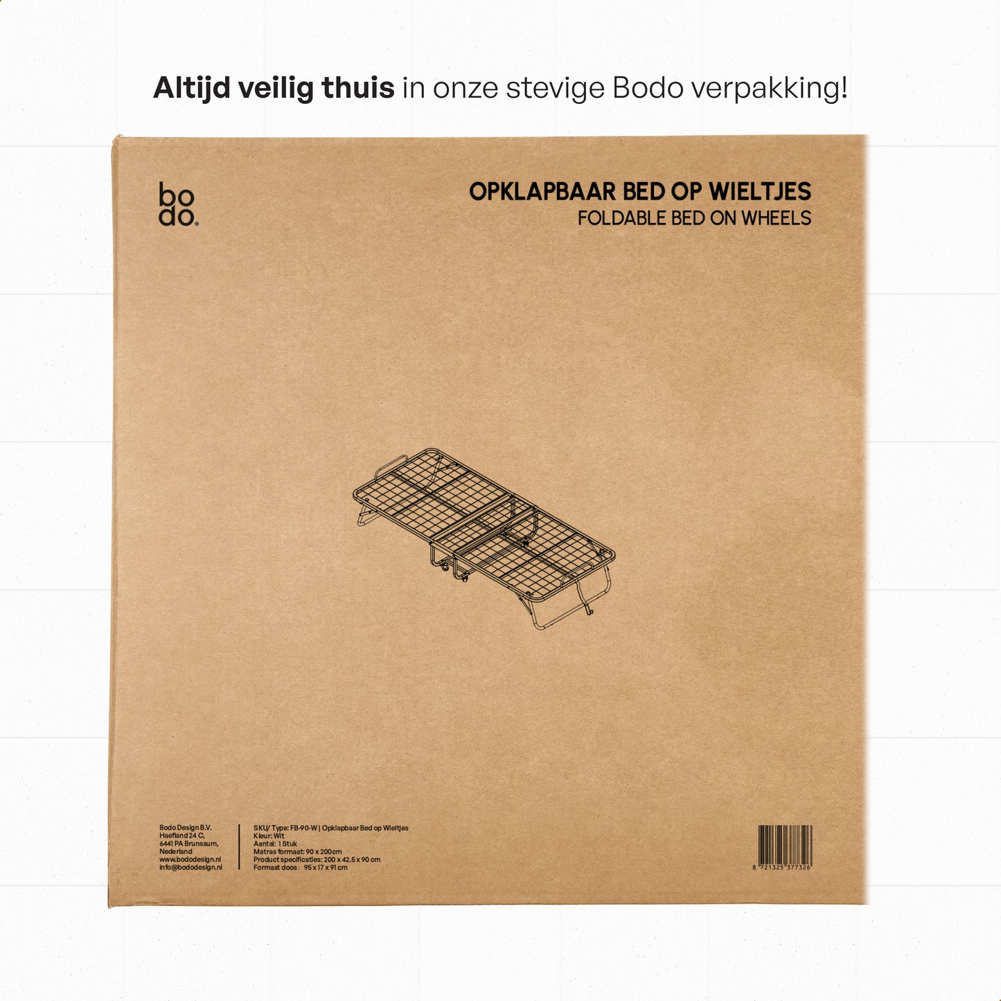 Logeerbed 90×200 met Matras - Vouwbed - Luxe - tot 250 kg - Wit - Bodo