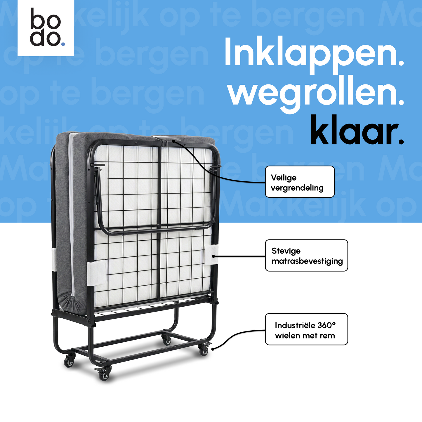 Logeerbed 90×200 met Matras - Vouwbed - Luxe - 250 kg - Zwart - Bodo