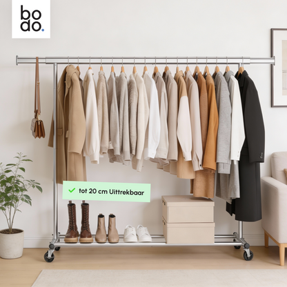 Kledingrek op Wieltjes - Opbergruimte - Extra Brede Kledingstang - Zilver - Bodo