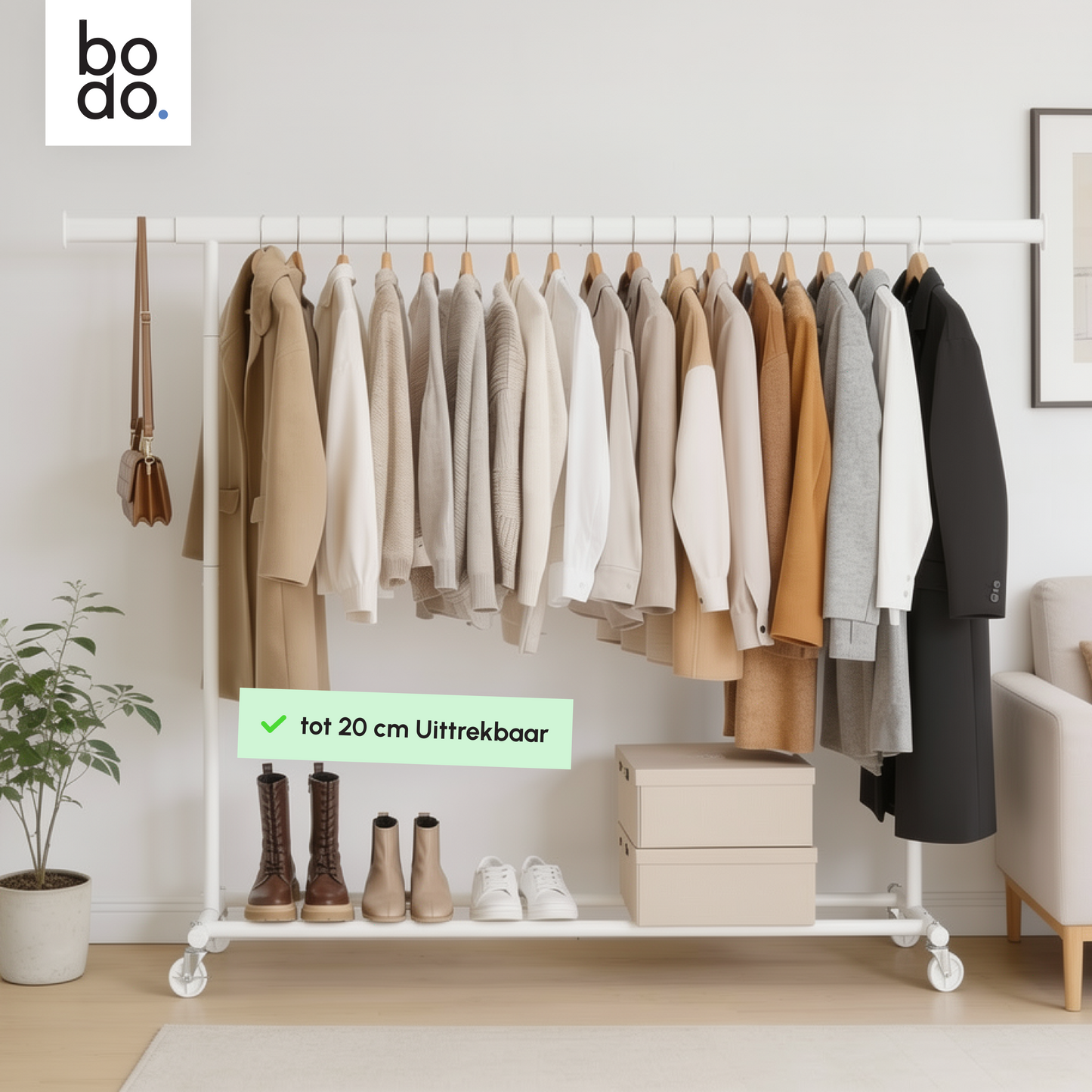 Kledingrek op Wieltjes - Opbergruimte - Extra Brede Kledingstang - Wit - Bodo