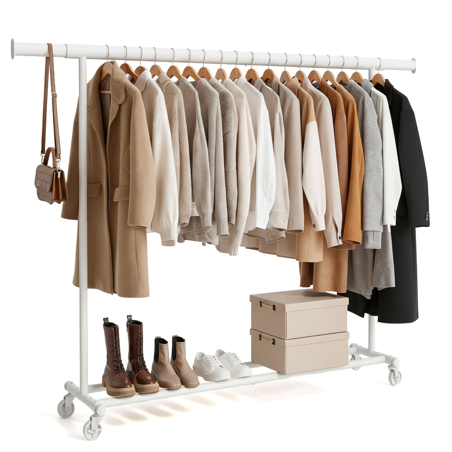 Kledingrek op Wieltjes - Opbergruimte - Extra Brede Kledingstang - Wit - Bodo