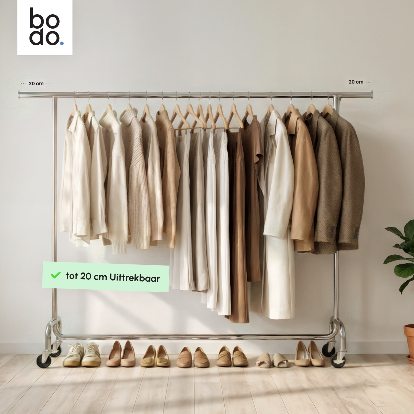 Kledingrek op Wieltjes – Extra Breed – Stalen Kledingstang – Zilver – Bodo