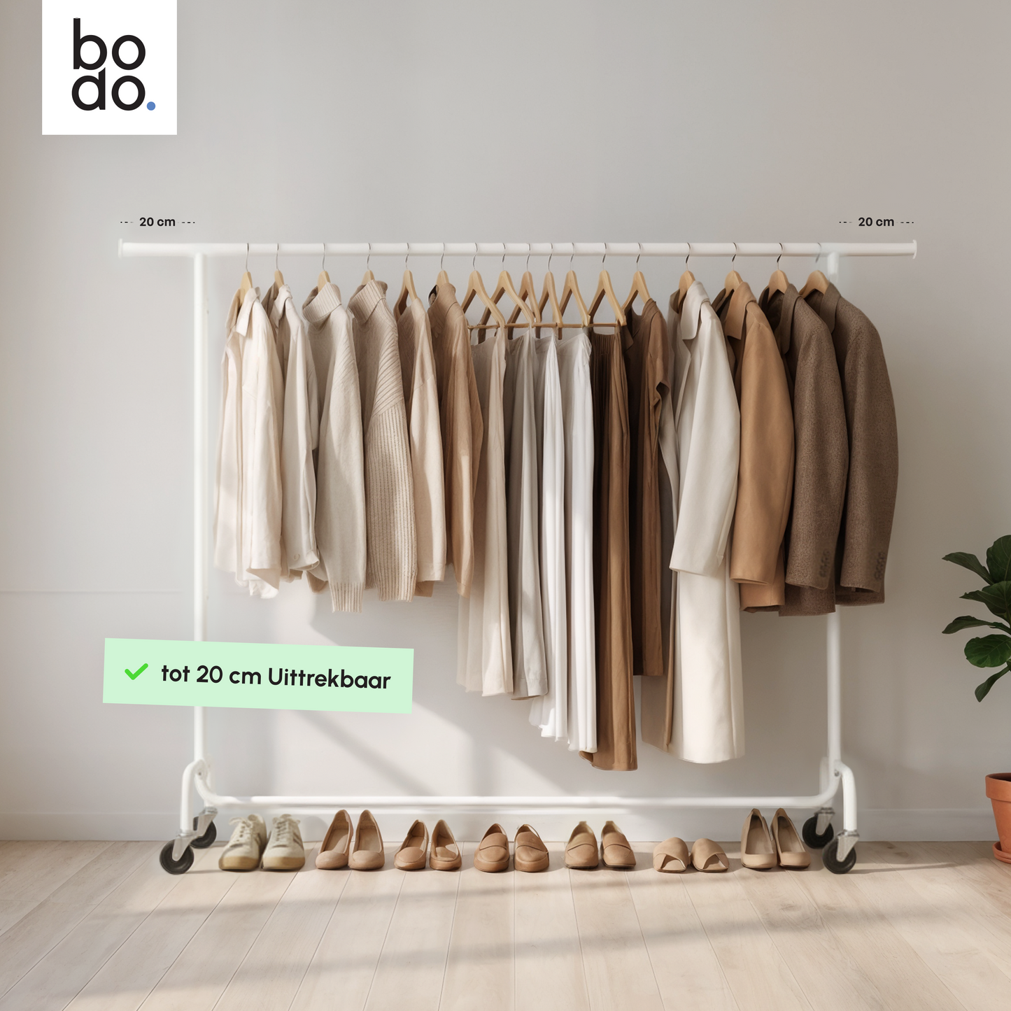 Kledingrek op Wieltjes – Extra Breed – Stalen Kledingstang – Wit – Bodo