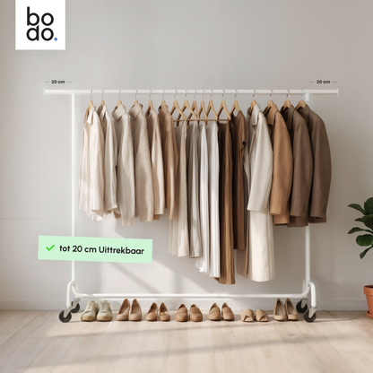Kledingrek op Wieltjes – Extra Breed – Stalen Kledingstang – Wit – Bodo