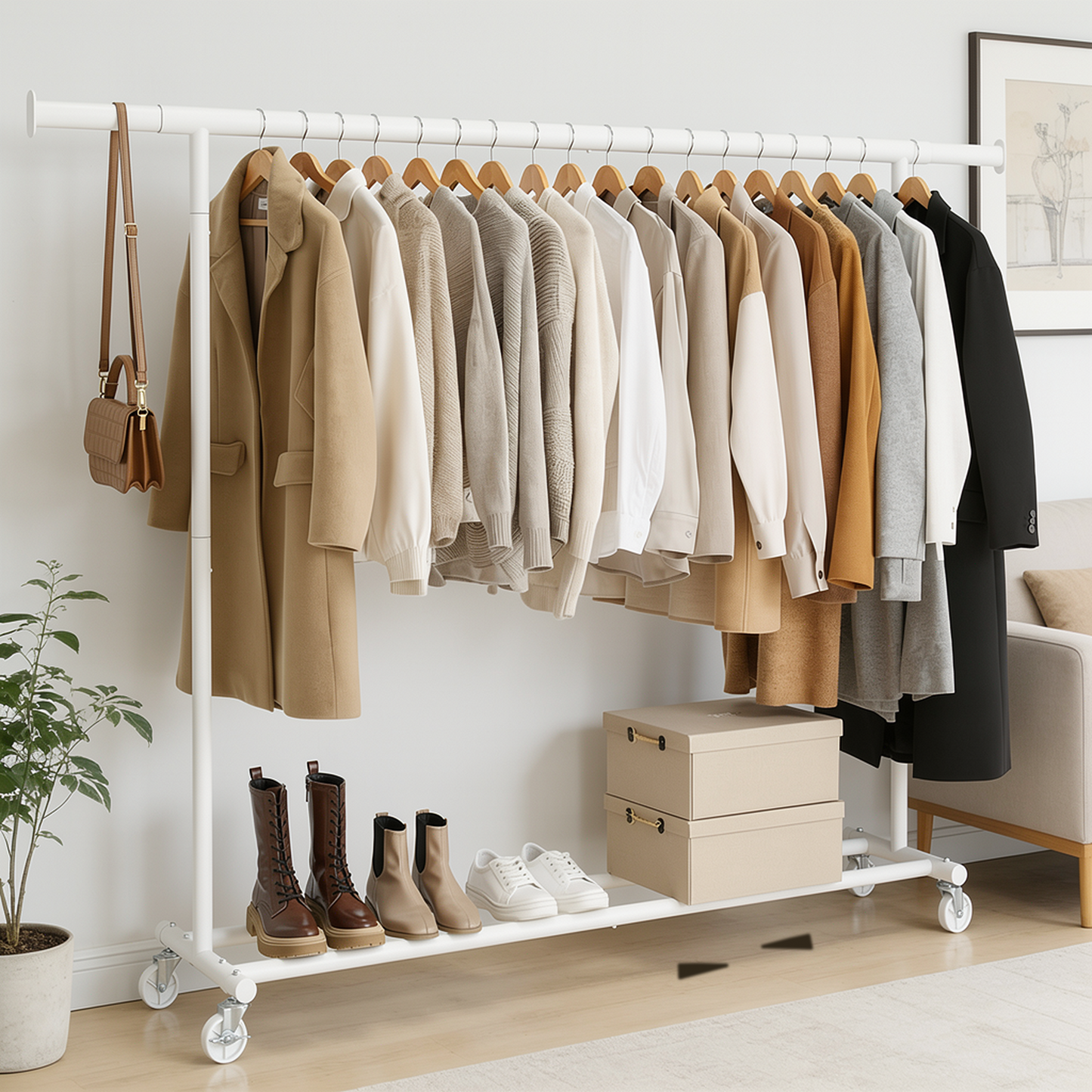 Kledingrek op Wieltjes - Opbergruimte - Extra Brede Kledingstang - Wit - Bodo