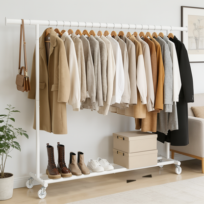 Kledingrek op Wieltjes - Opbergruimte - Extra Brede Kledingstang - Wit - Bodo