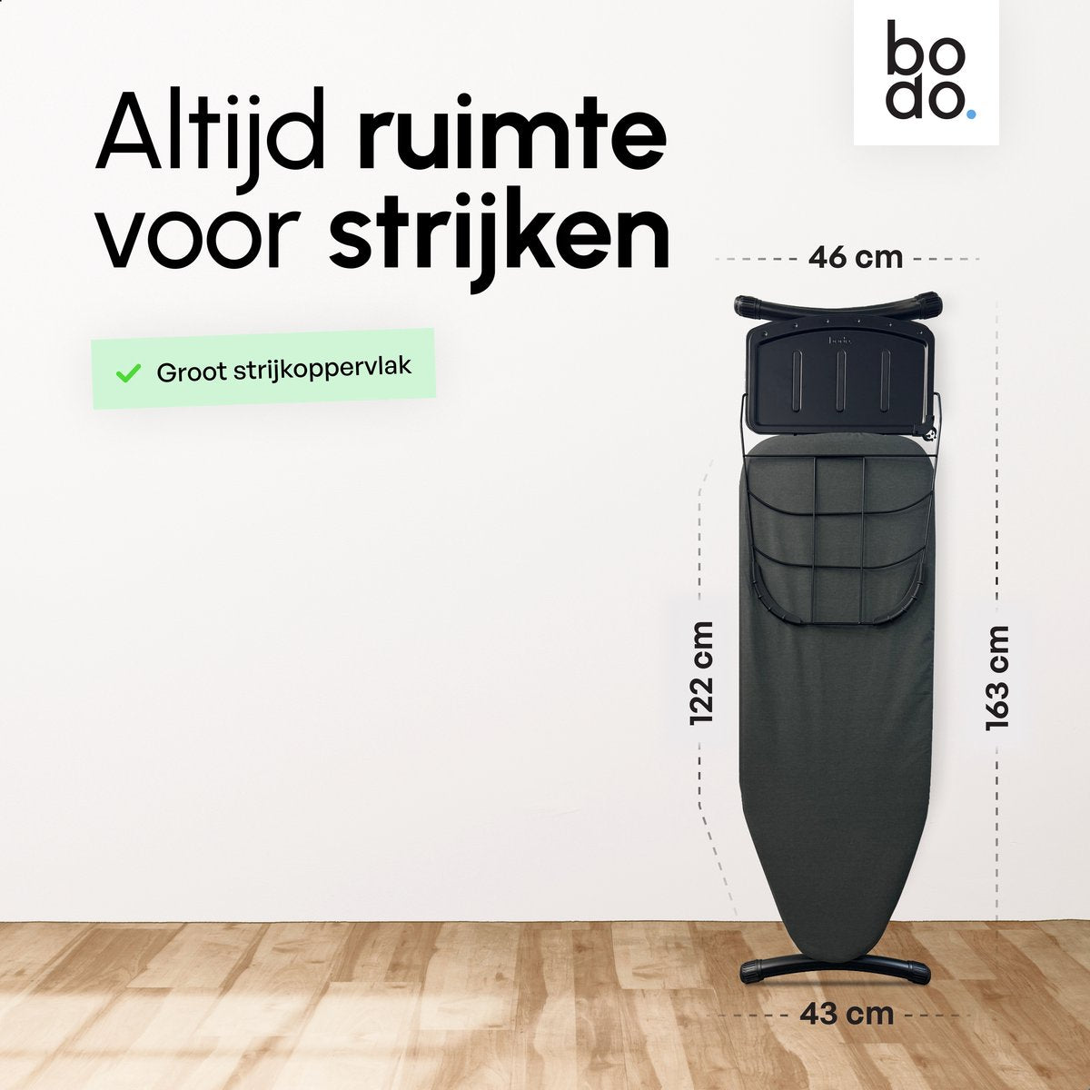 Bodo® - Strijkplank Ascend Elite - Stoomunithouder - Uitklapbaar Rek - 122 x 43 cm - Zwart