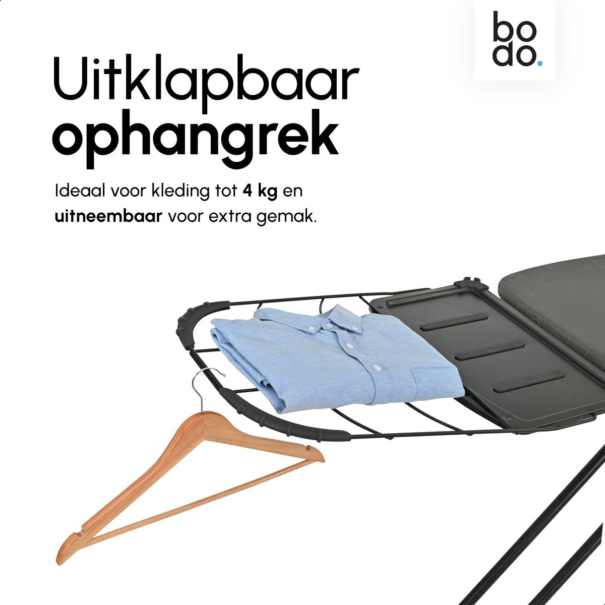 Bodo® - Strijkplank Ascend Elite - Stoomunithouder - Uitklapbaar Rek - 122 x 43 cm - Zwart