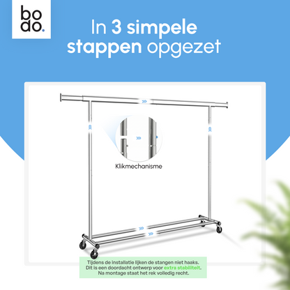 Kledingrek op Wieltjes - Opbergruimte - Extra Brede Kledingstang - Zilver - Bodo
