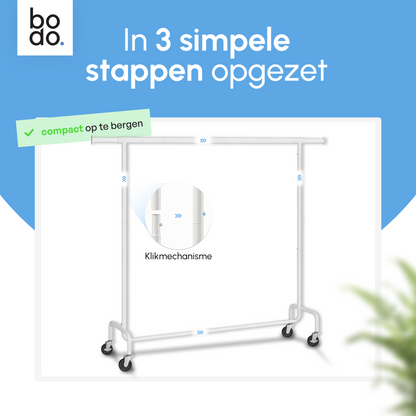Kledingrek op Wieltjes – Extra Breed – Stalen Kledingstang – Wit – Bodo
