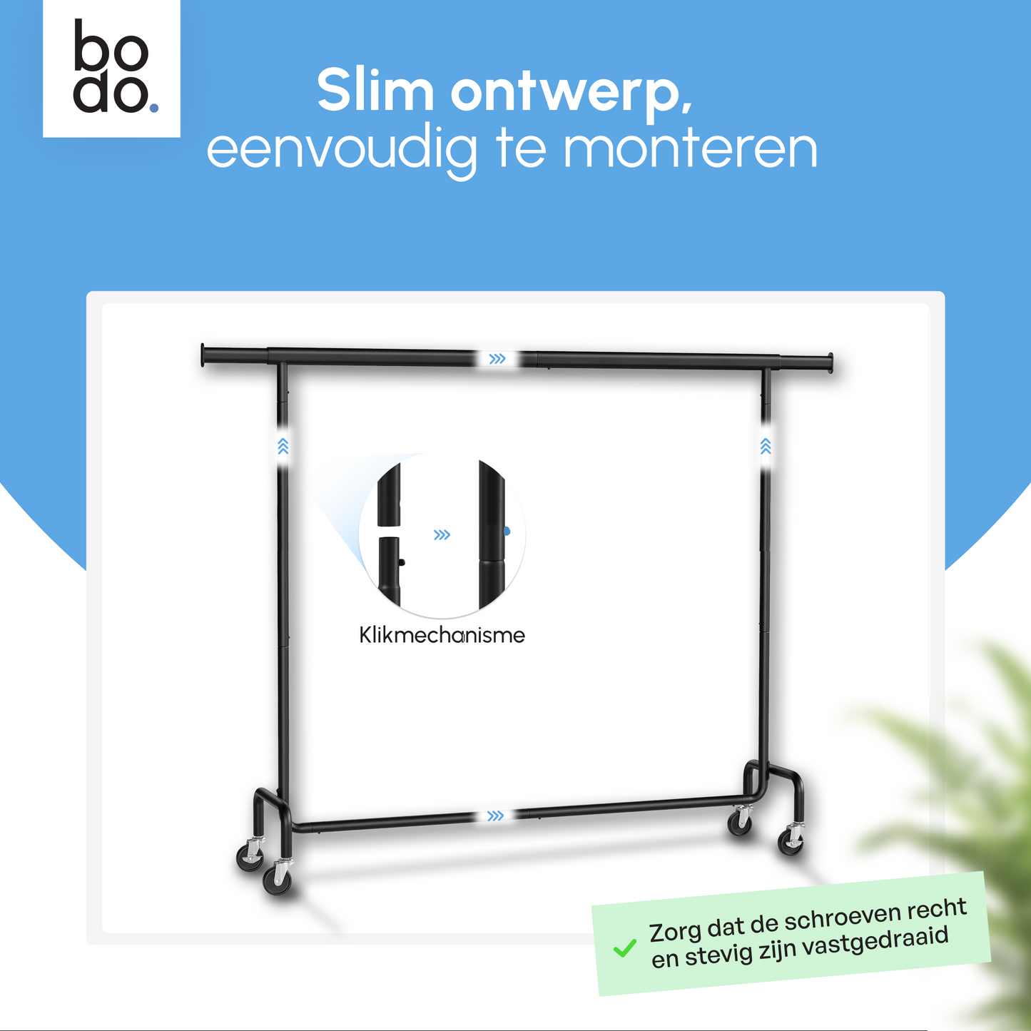 Kledingrek op Wieltjes – Extra Breed – Stalen Kledingstang – Zwart – Bodo