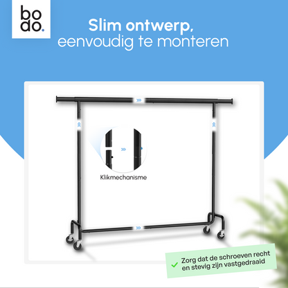 Kledingrek op Wieltjes – Extra Breed – Stalen Kledingstang – Zwart – Bodo