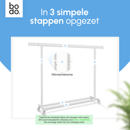 Kledingrek op Wieltjes - Opbergruimte - Extra Brede Kledingstang - Wit - Bodo
