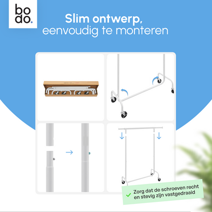 Kledingrek op Wieltjes - Stalen Kledingstang - 130 kg - Wit - Bodo