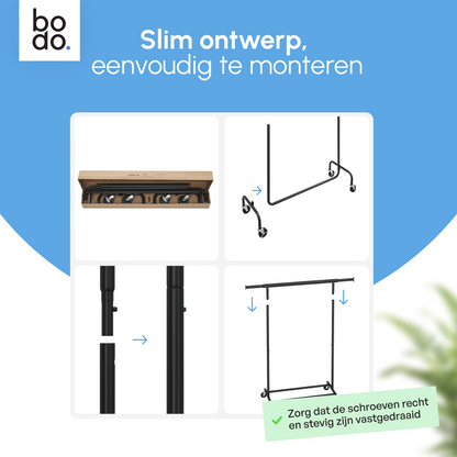 Kledingrek op Wieltjes - Stalen Kledingstang - 130 kg - Zwart - Bodo