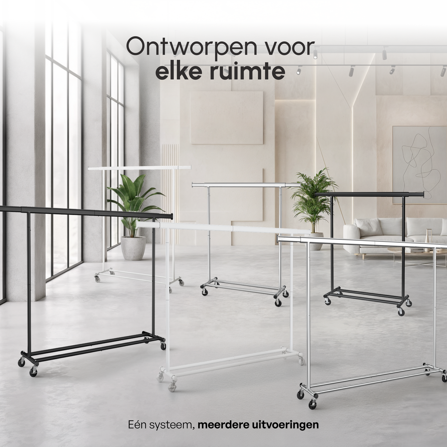 Kledingrek op Wieltjes - Opbergruimte - Extra Brede Kledingstang - Wit - Bodo