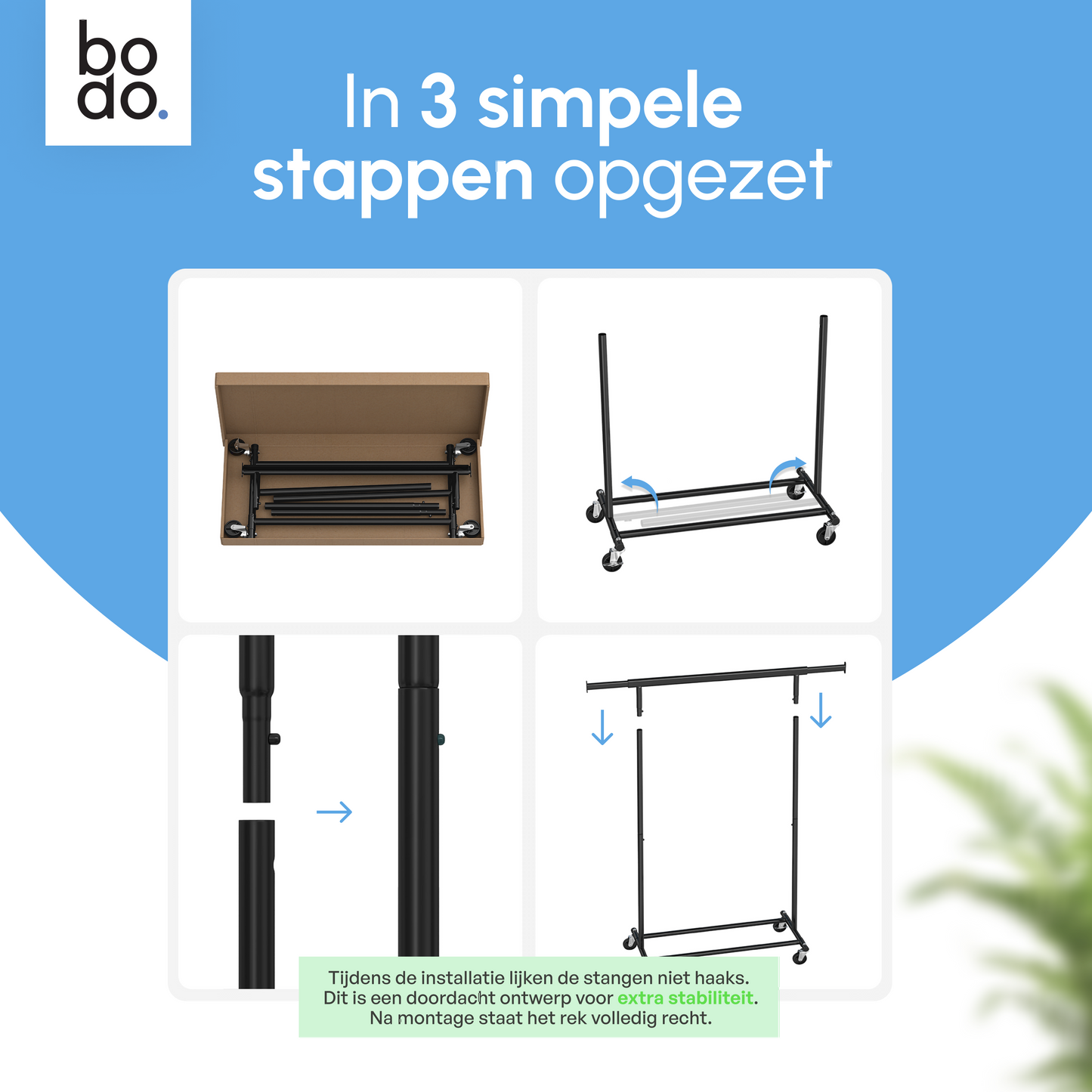 Kledingrek op Wieltjes – Stalen Kledingstang - Opbergruimte – Zwart – Bodo