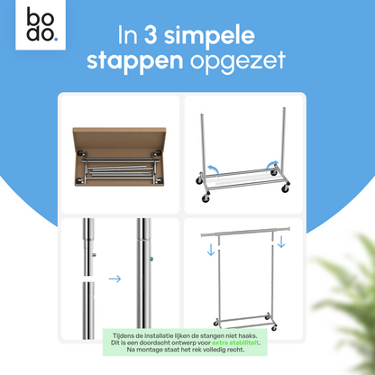 Kledingrek op Wieltjes - Opbergruimte - Extra Brede Kledingstang - Zwart - Bodo