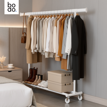 Kledingrek op Wieltjes - Opbergruimte - Extra Brede Kledingstang - Wit - Bodo