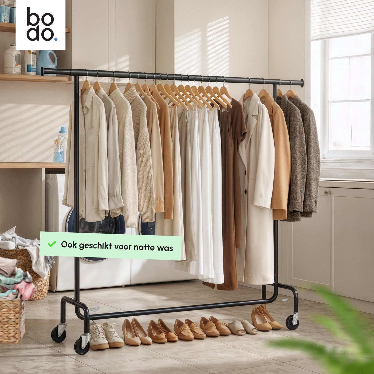 Kledingrek op Wieltjes – Extra Breed – Stalen Kledingstang – Zwart – Bodo