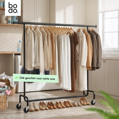 Kledingrek op Wieltjes – Extra Breed – Stalen Kledingstang – Zwart – Bodo