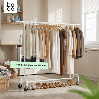 Kledingrek op Wieltjes – Extra Breed – Stalen Kledingstang – Wit – Bodo