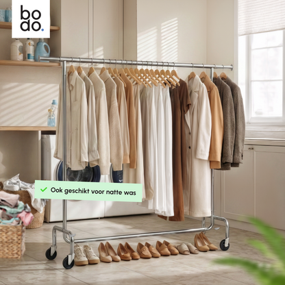 Kledingrek op Wieltjes – Extra Breed – Stalen Kledingstang – Zilver – Bodo